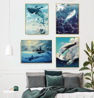 Bộ tranh tô sơn dầu thủ công họa tiết cá voi độc đáo kèm phụ kiện trang trí nội thất Xzjy01