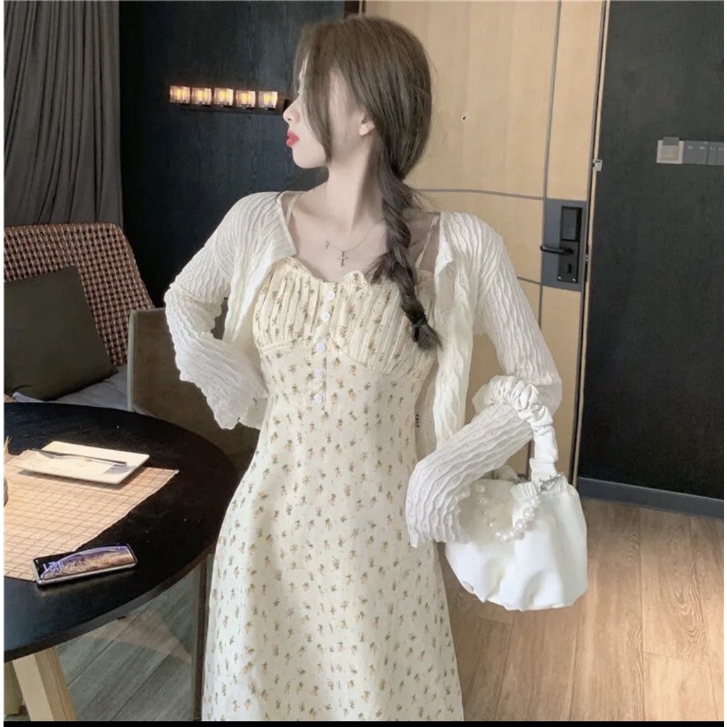 Váy 2 dây nữ hoa nhí dáng dài hàng QC cao cấp loại 1, Set váy hoa nhí 2 dây kèm áo Cardigan mặc đi biển bao xinh