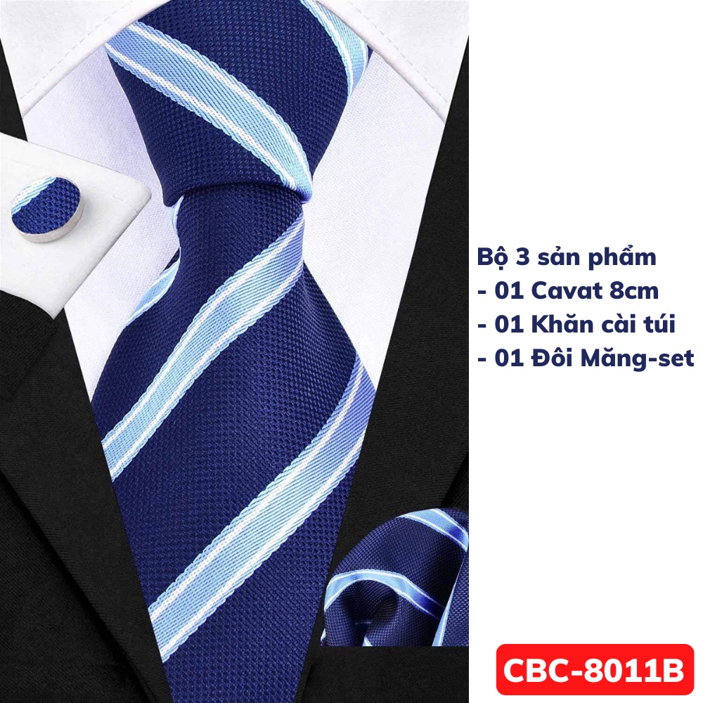 Bộ 3 món Cà vạt 8cm, Khăn cài túi áo vest, Măng-set cài tay, Cravat công sở, Calavat chú rể CBC-8011