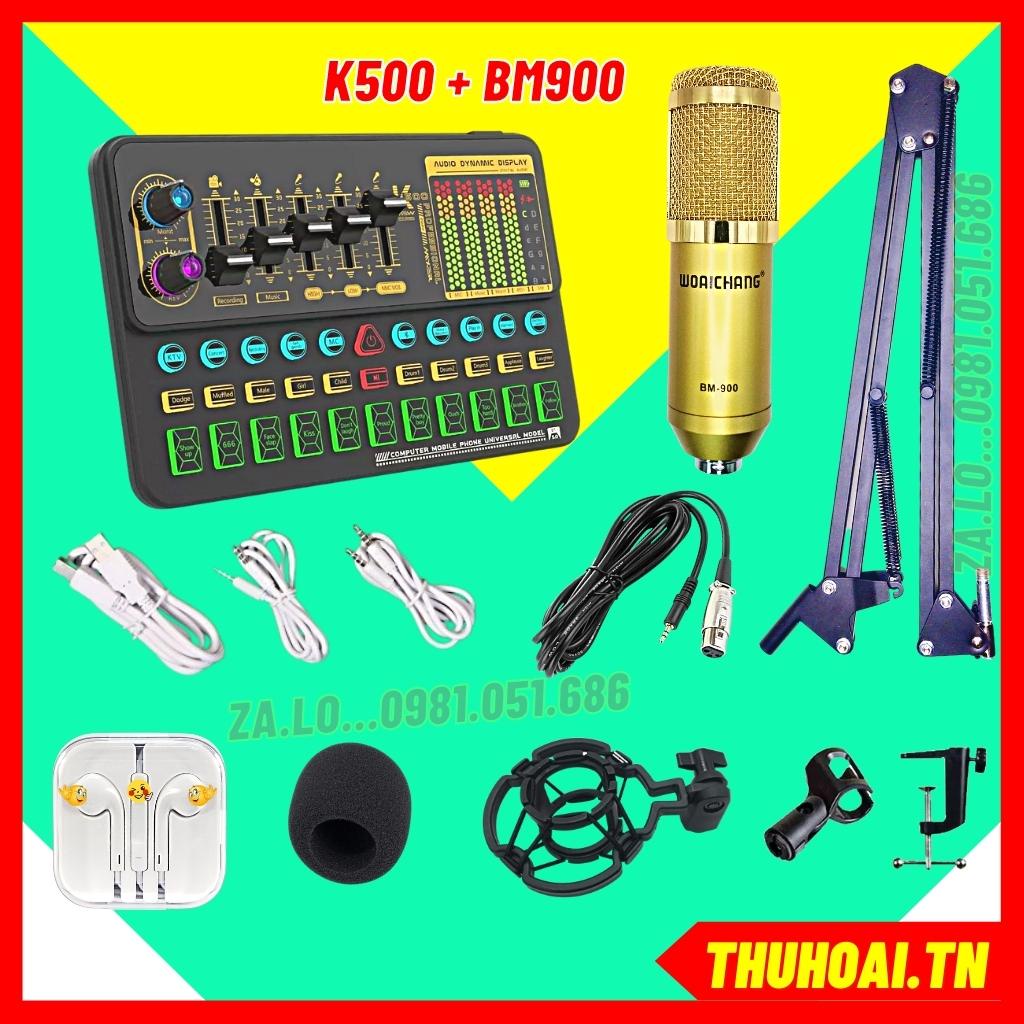 Bộ mic thu âm BM900 Woaichang kết hợp sound card K500 có Auto-tune, bluetooth đầy đủ tiếng cười, vỗ tay BH 12 tháng