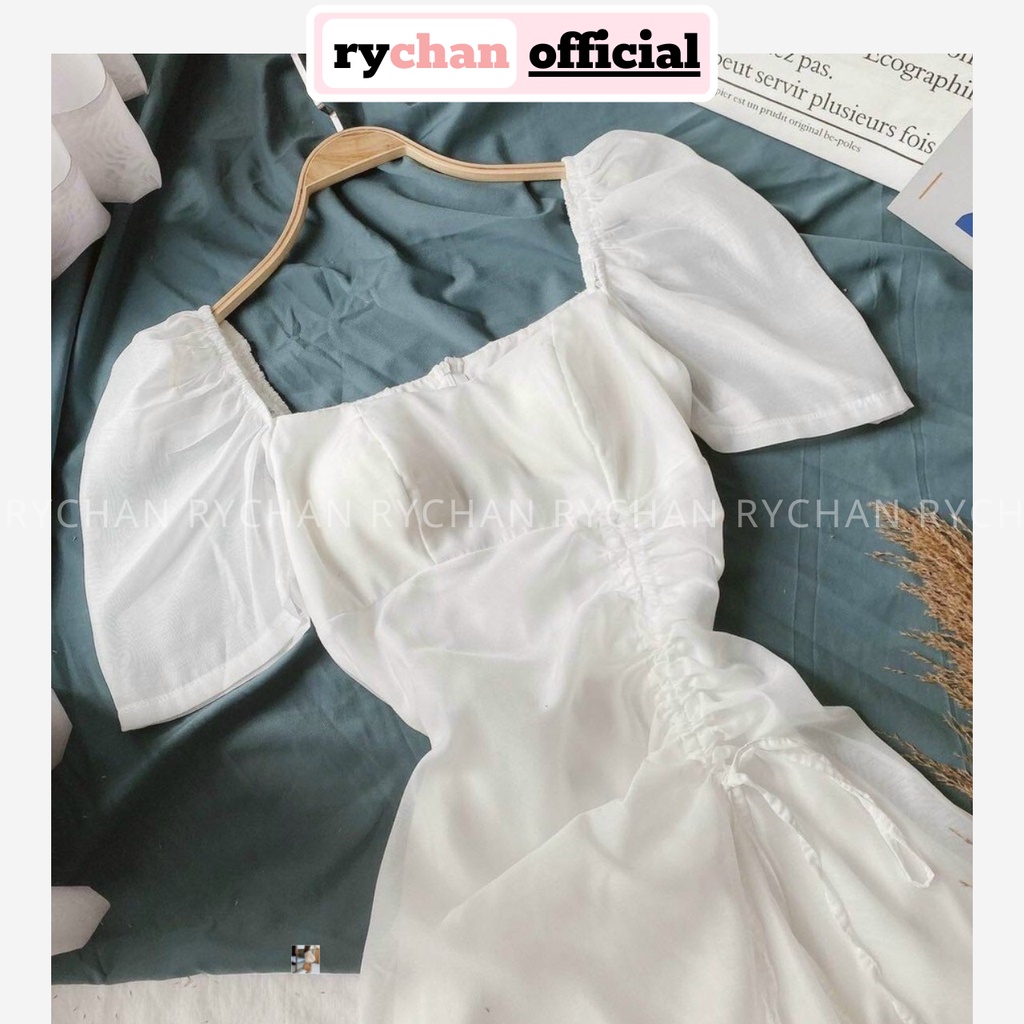 Đầm Xòe Midi Tay Phồng Rút Sườn 2 Màu Trắng Đỏ Sang Trọng [Ảnh Thật Cuối] - DX0071