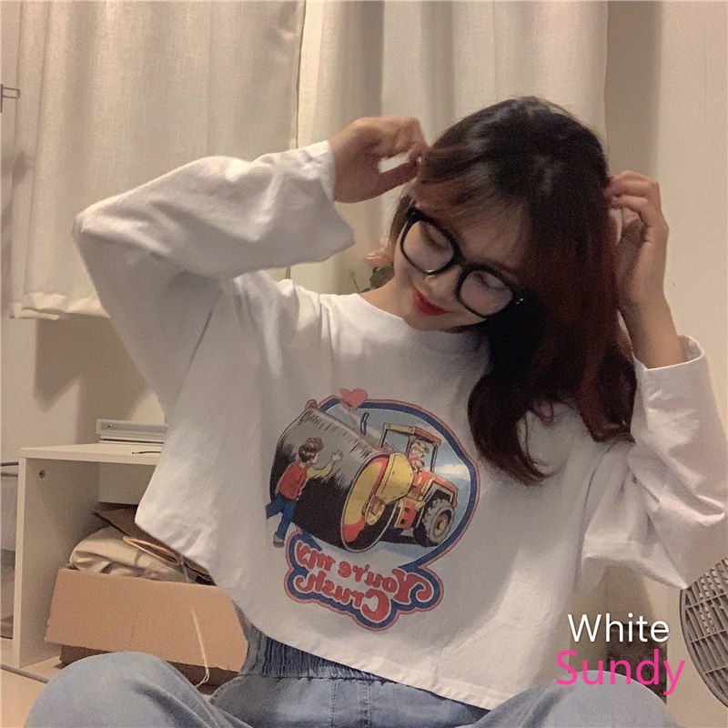 Áo croptop dáng rộng dài tay họa tiết hoạt hình đáng yêu dành cho bạn nữ | BigBuy360 - bigbuy360.vn