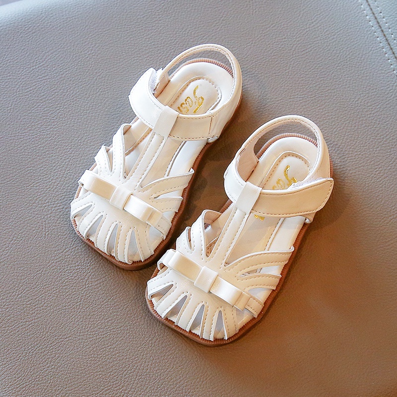 Sandal quai dán đính nơ màu trơn thời trang cho bé gái 1-8 tuổi