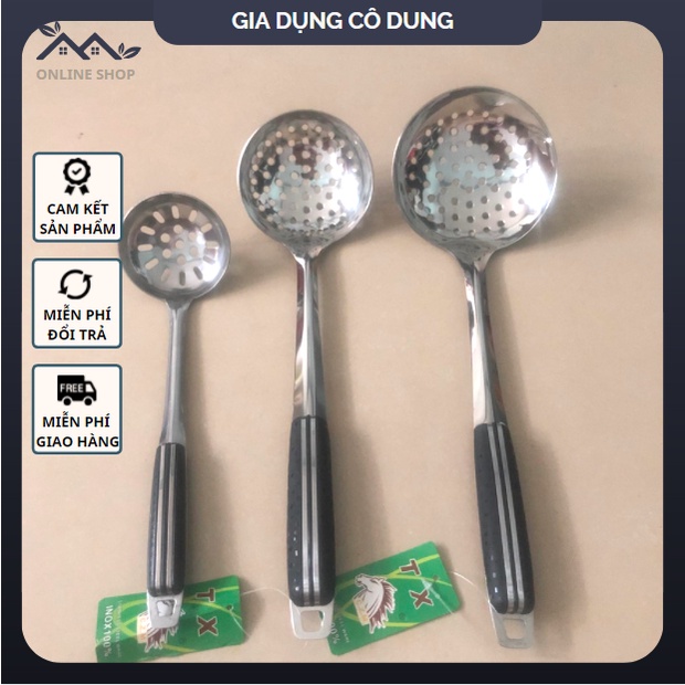 Vá Lỗ Inox Múc Thức Ăn Có Cán Nhựa Đen (3 Cỡ)