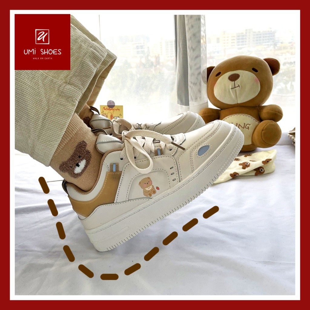 [SẴN-NOWSHIP] Giày thể thao nữ SD02 hình gấu cute dễ thương độn đế cao 4cm buộc dây màu trắng kem xinh đẹp mới hot rẻ