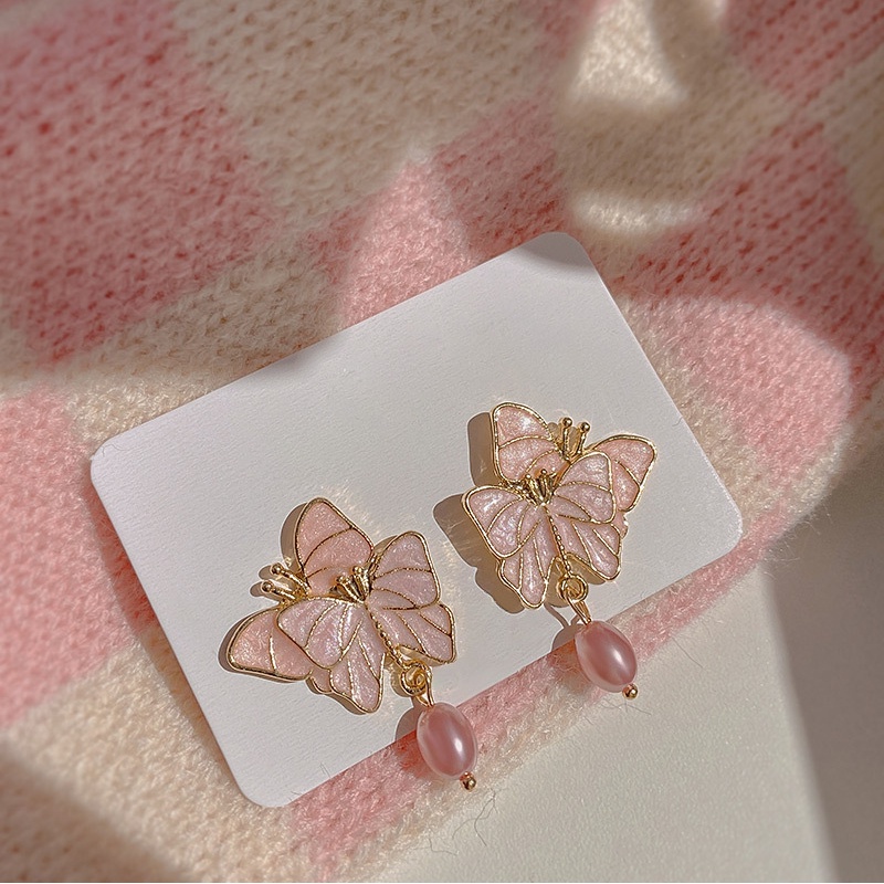 Khuyên Tai Hình Bướm Hồng Đính Ngọc Trai Đơn Giản Dễ Thương Cho Nữ