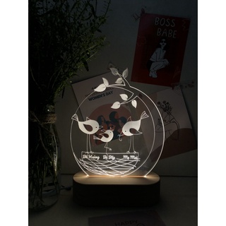 Gia đình chim - đèn trang trí/ quà tặng/ decor khắc theo yêu cầu - đế gỗ đèn led đầu usb