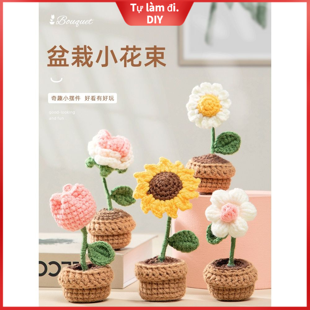 [DIY]Tự làm bộ quà tặng bằng sợi dệt kim tự làm bằng tay. Tự làm bó hoa trong chậu nhỏ của riêng bạn#hoa hướng dương len#hoa đan len#hoa đan bằng len