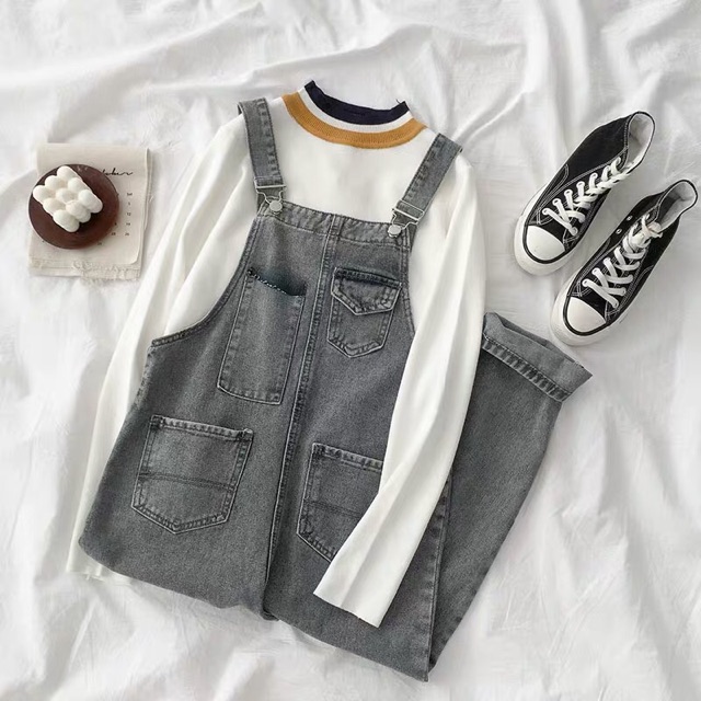 [KÈM ẢNH THẬT ] yếm quần bò dài túi lệch màu tro độc lạ ulzzang hàn quốc