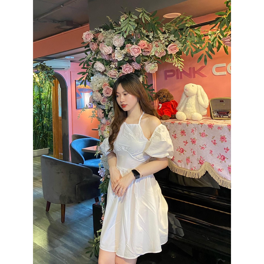 Váy yếm nữ phối tay nơ - váy trễ vai nữ tay nơ phối dây cổ yếm, 2 màu ĐEN | TRẮNG SIÊU HOT