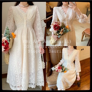 SẴN🖤Đầm tiểu thư maxi ren Mềm mịn đầm công chúa xoè ulzzang cổ v vintage retro cổ tích/Váy bánh bèo dễ thương