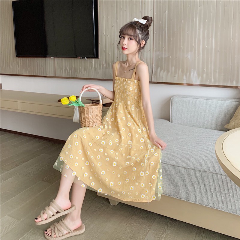 Xiaozhainv Đầm hai dây phối lưới họa tiết hoa xinh xắn thời trang | BigBuy360 - bigbuy360.vn