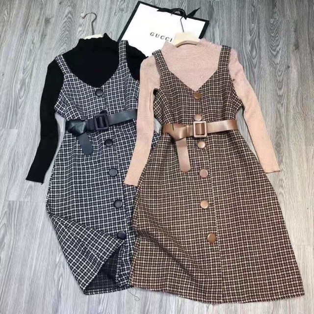 Set áo len kèm yếm dạ kẻ đai thắt 2 màu