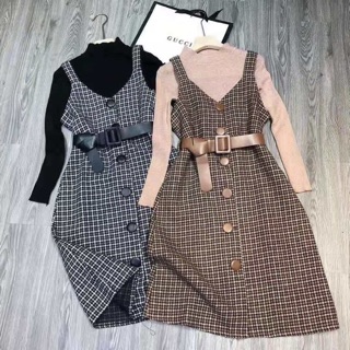 Set áo len kèm yếm dạ kẻ đai thắt 2 màu