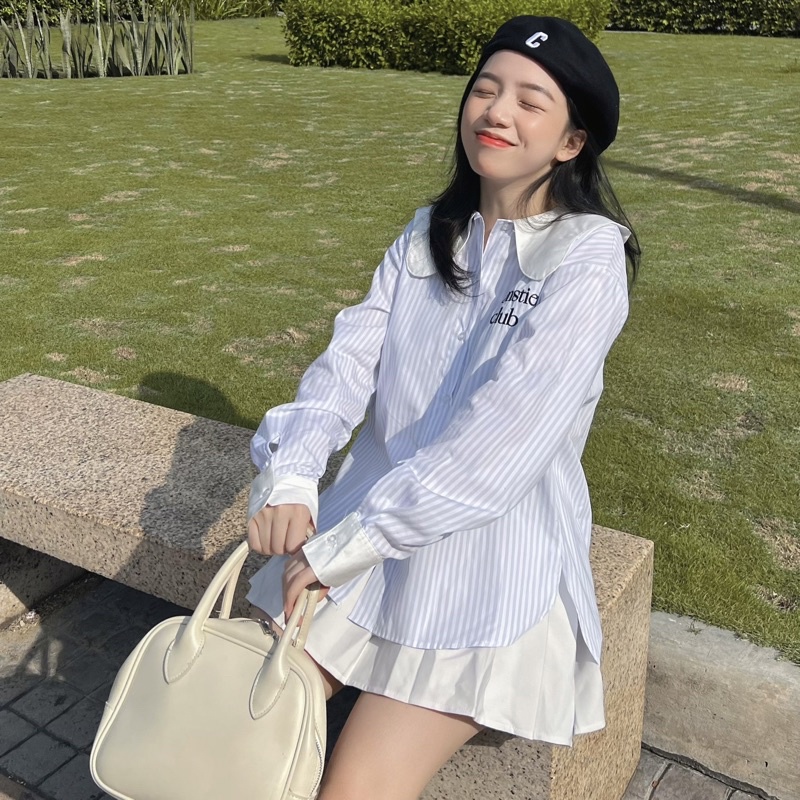 Áo Sơ Mi Sọc Xanh Tay Dài Cổ Cách Điệu - Thêu chữ Monstier