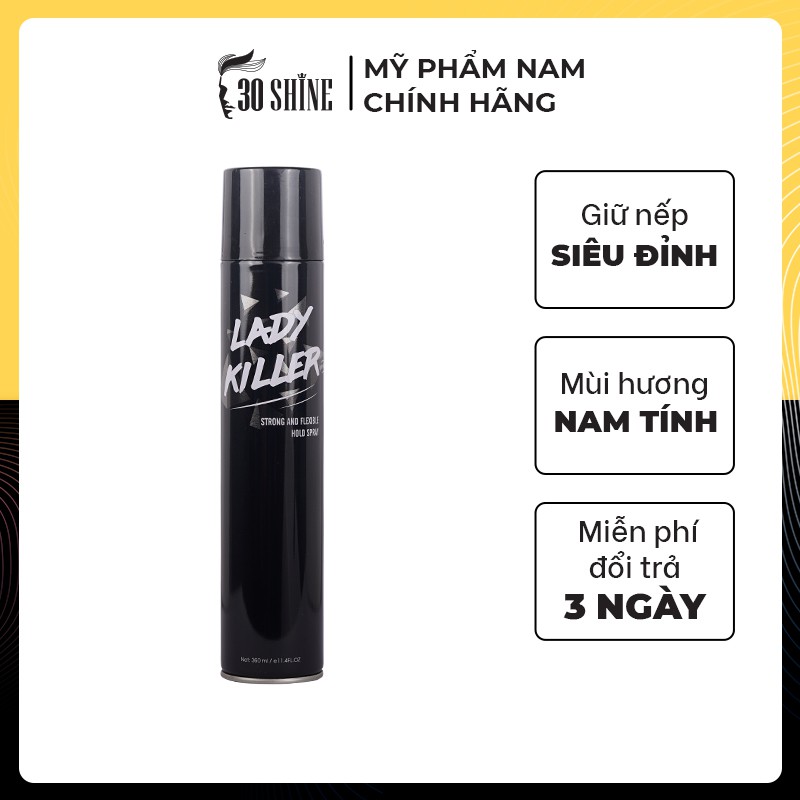 Gôm xịt tóc 30Shine phân phối độc quyền Lady Killer 360ml thách thức nón bảo hiểm giữ nếp tóc suốt ngày dài