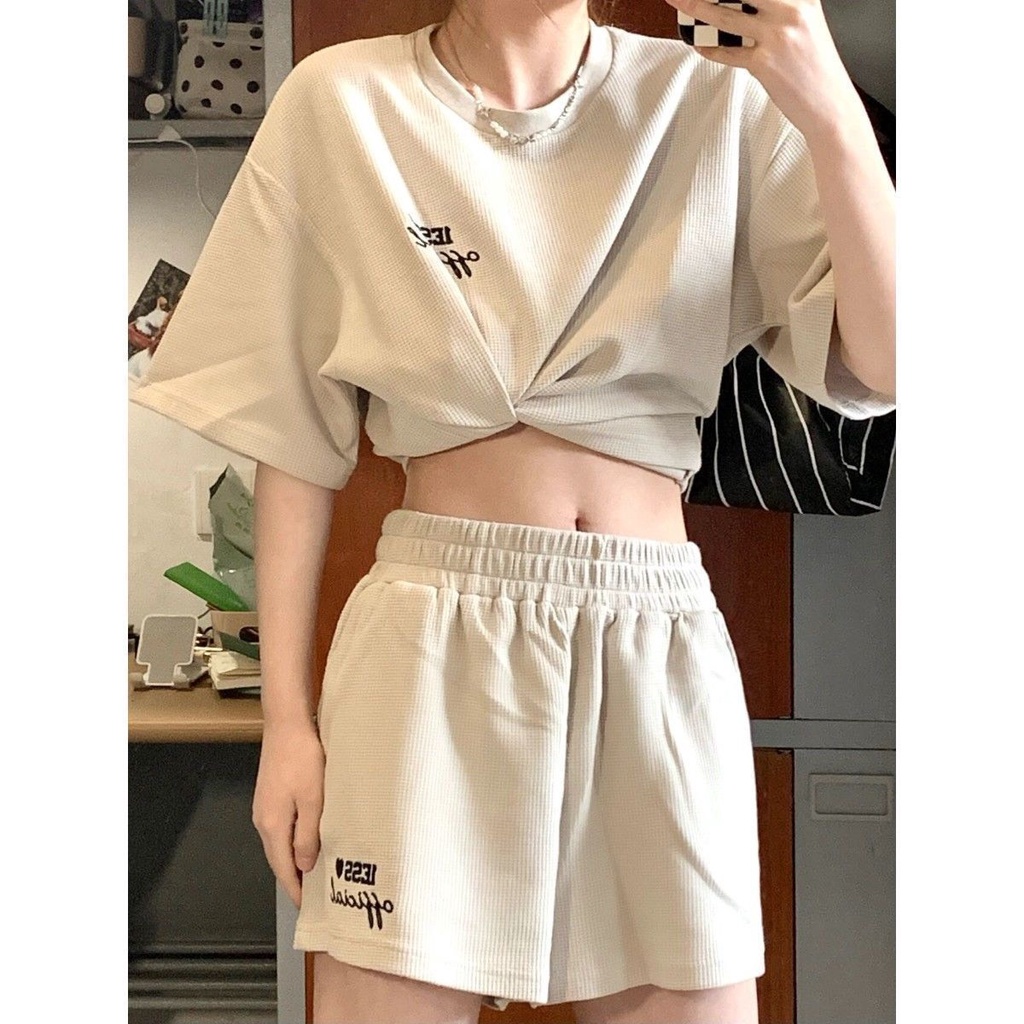 Set áo phông LESS mix quần short chất tổ ong / Bộ đồ thiết kế tay lỡ form rộng phối với quần đùi trẻ trung Nanashop