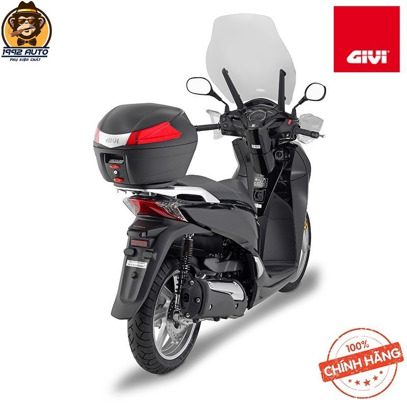 Thùng GIVI B34N/ B34NT Phản Quang Đỏ/ Xám Khói Ốp Bạc Công Nghệ Monolock Gắn Sau Motor Xe Máy Tay ga Kèm Đế Đệm Màu Đen