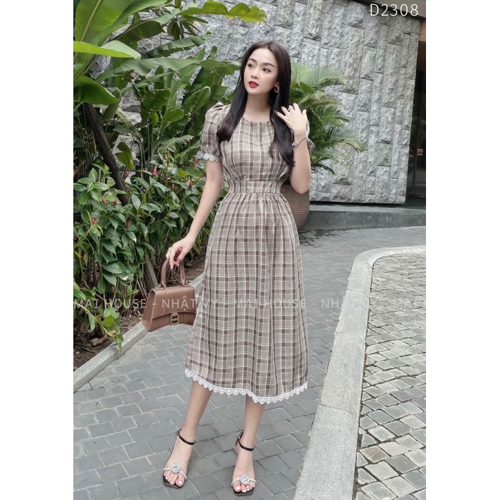 Đầm Công Sở NHẬT VY Caro Cổ Tròn Phối Ren Tay Chiết Eo Có Dây Cột Dáng Xoè Màu Vàng, Xanh, Nâu - D2308