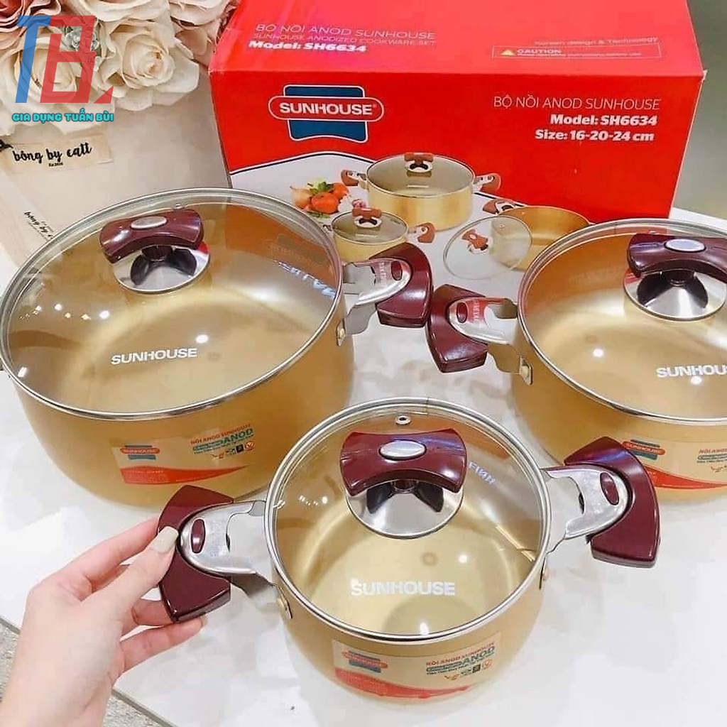 Bộ nồi Sunhouse SH6634 size 16-20-24cm, độ dày thành nồi 1.8-1.8-2.0mm