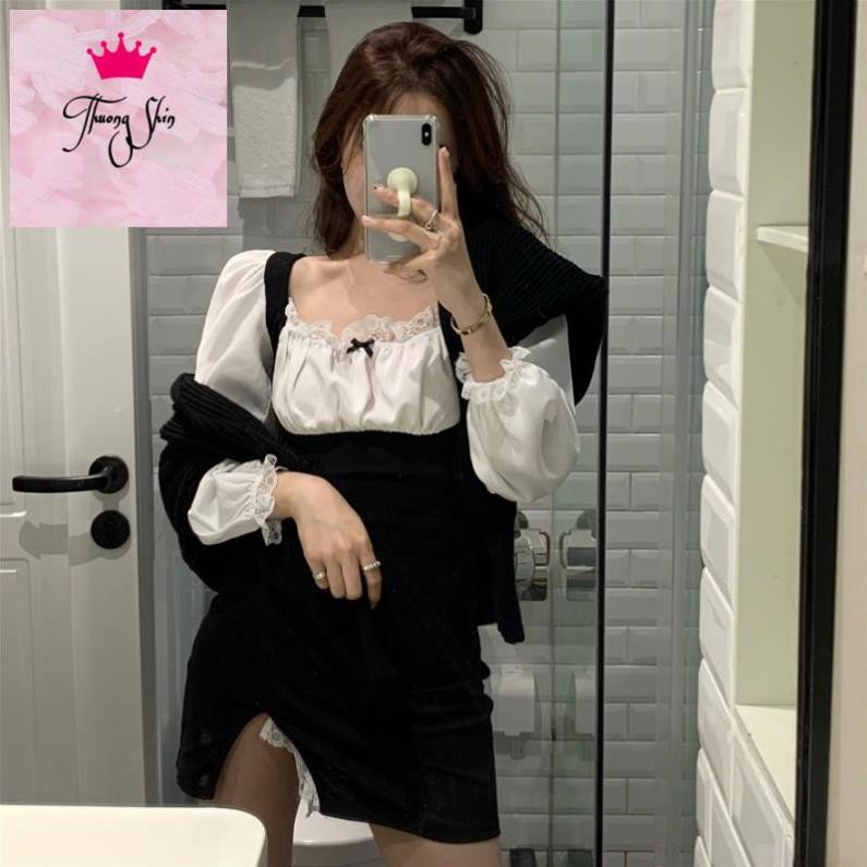 (ORDER) Váy cổ vuông phối 2 màu đen trắng ôm body xẻ tà phối ren sexy gợi cảm