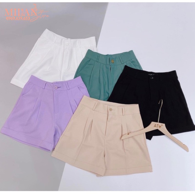 Quần sooc ống rộng nữ gập gấu xếp ly có túi khóa kéo khuy cài - Quần short đùi ống rộng mặc ở nhà đi biển vải dày eo cao
