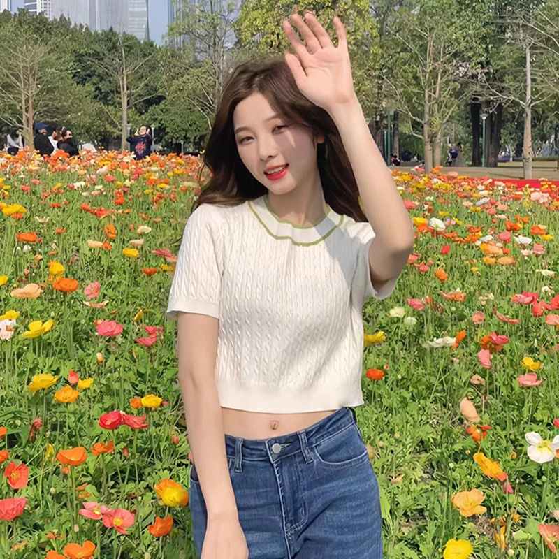 Áo Phông Áo Croptop Áo Thun Dệt Kim Tay Ngắn Cổ Tròn Màu Sắc Tương Phản Thời Trang Cho Nữ