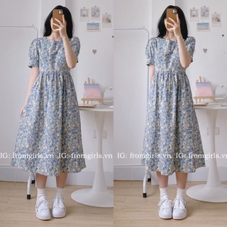 Đầm babydoll hoa nhí có dây buộc eo tay phồng ulzzang (video ảnh thật) - V14FG