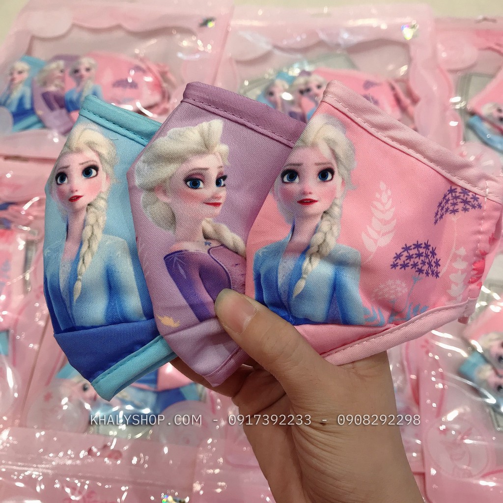 Set 3 khẩu trang vải Disney trẻ em hình công chúa Elsa ( Frozen ) 3 màu cho bé gái 3 - 8 tuổi - 57NDWF9485