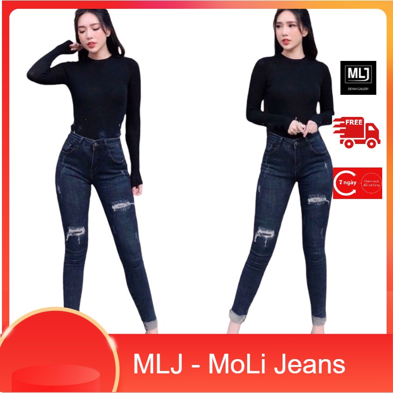 Quần Jeans nữ 9 tấc BigSize rách vá đắp, lưng cao, co dãn mạnh 2467 4281