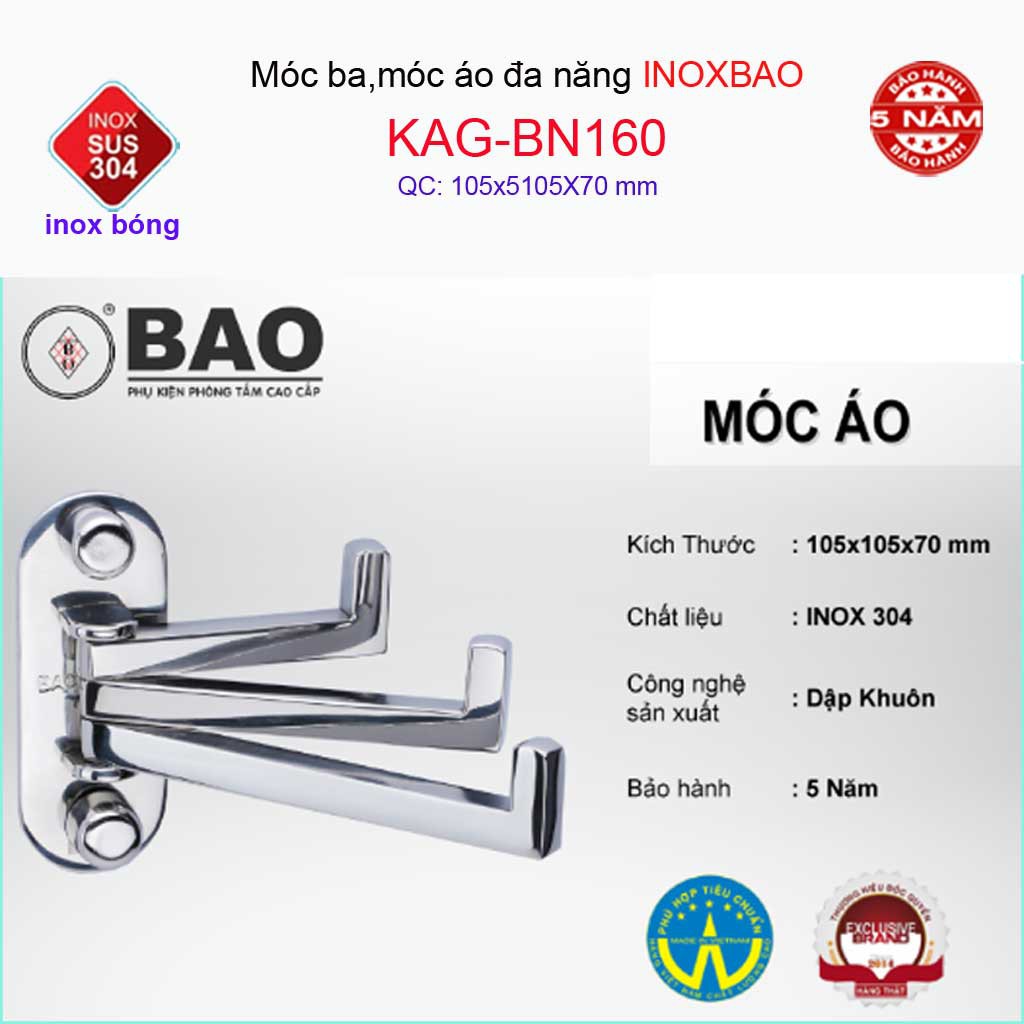 Móc 3 Inox Bảo KAG-BN160, móc xoay 180 độ treo đồ nhà tắm SUS304 thiết kế tuyệt đẹp sang trọng tinh tế đến từng chi tiết