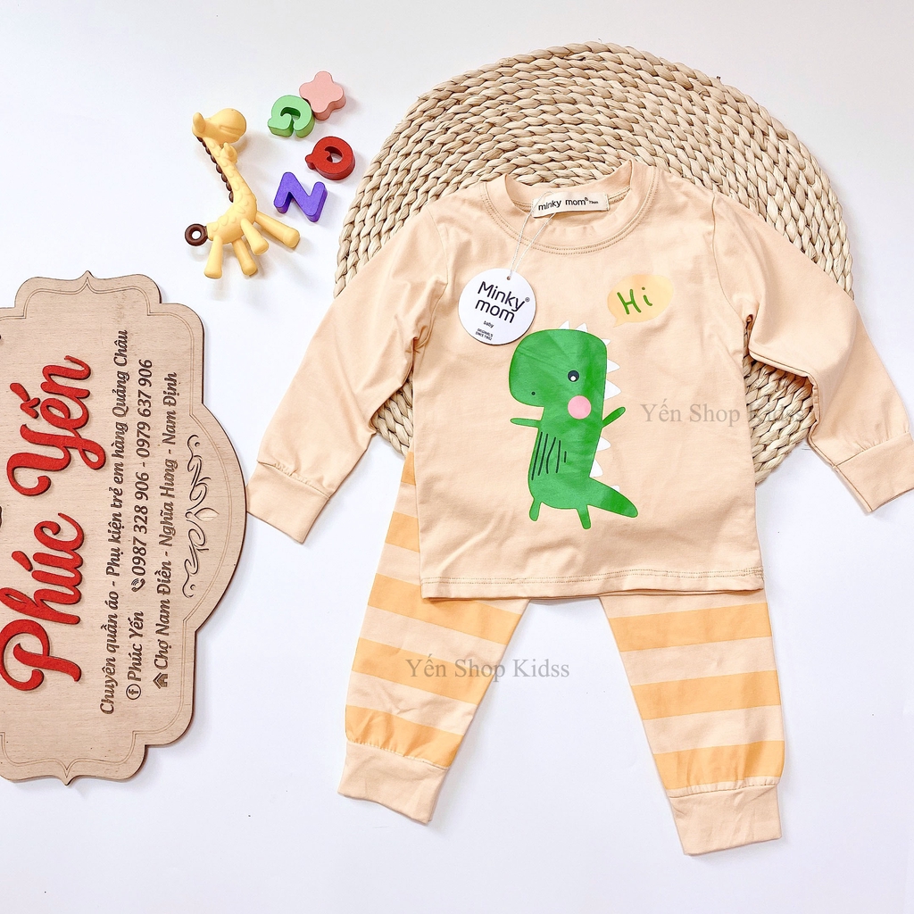 Bộ Dài Tay  Minky Mom Cotton 100 %  Họa Tiết Động Vật Gấu Nâu Xanh-Quần Kẻ Cho Bé (7-19kg) (SP001309 )