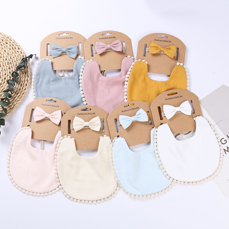 Set 2 Yếm Ăn Cotton Màu Trơn Hình Tam Giác Thắt Nơ Xinh Xắn