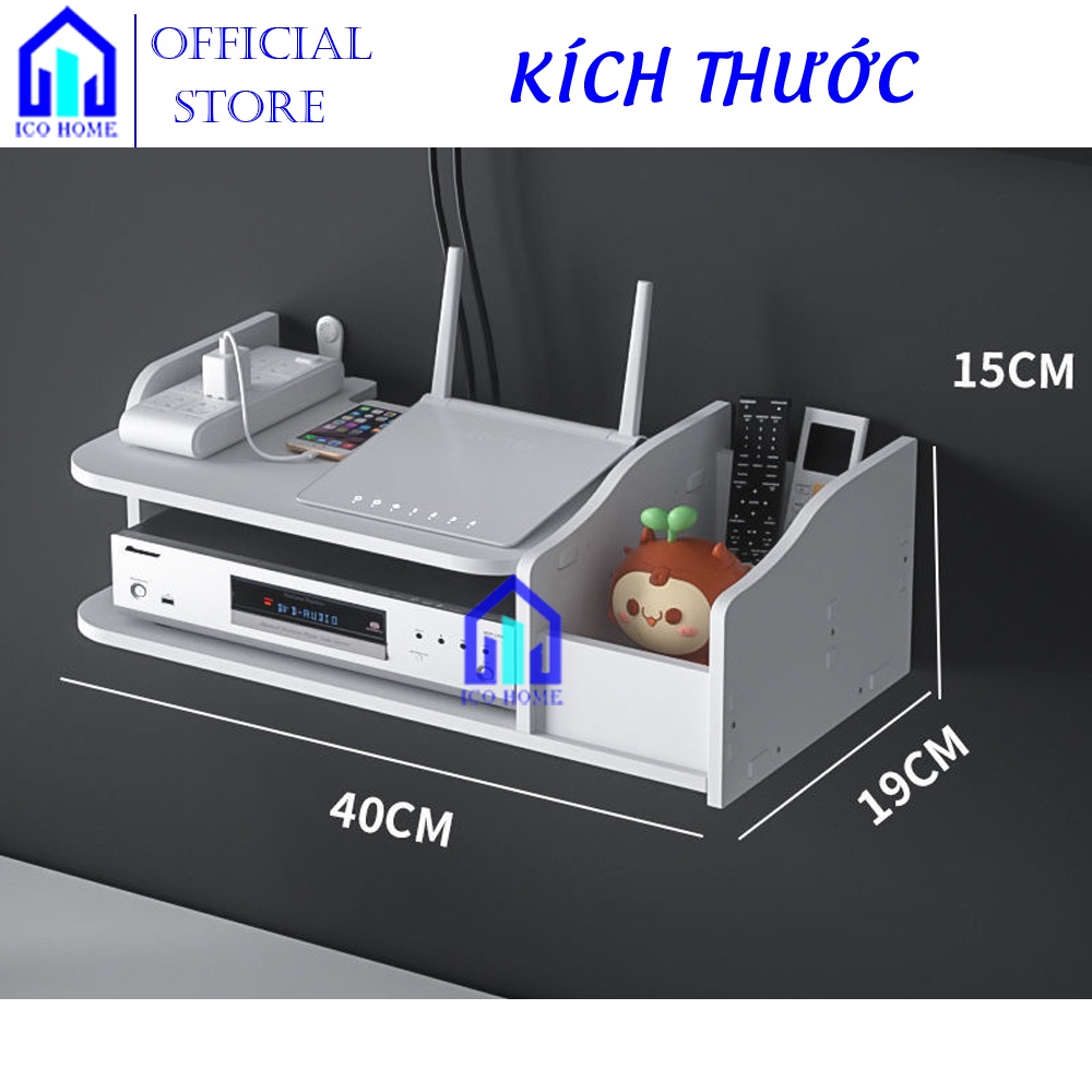 Kệ wifi treo tường 2 tầng không cần khoan để đầu thu kỹ thuật số, tivibox, có khay đựng remote điều khiển tiện lợi