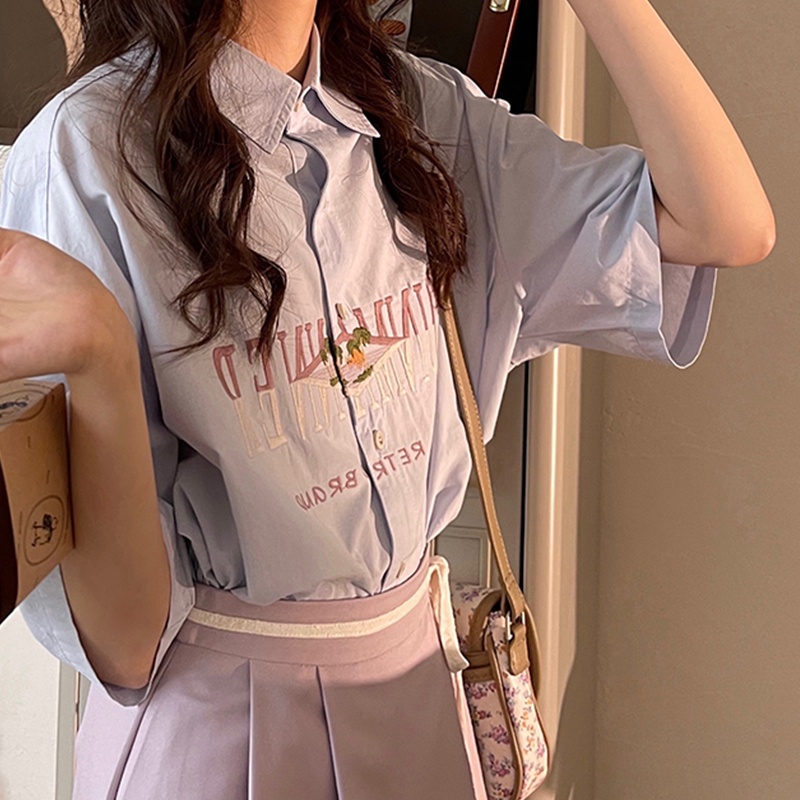 【ZHELIHANGFEI】Áo Sơ Mi Cotton Nguyên Chất Dáng Rộng Cổ POLO Họa Tiết Thêu Kiểu Retro Dễ Phối Đồ