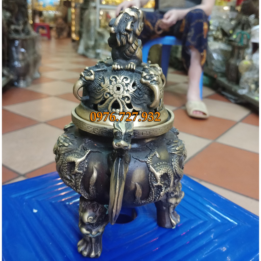 Đỉnh song long chầu nguyệt đốt trầm hương cao 18cm, giá xông trầm bằng đồng