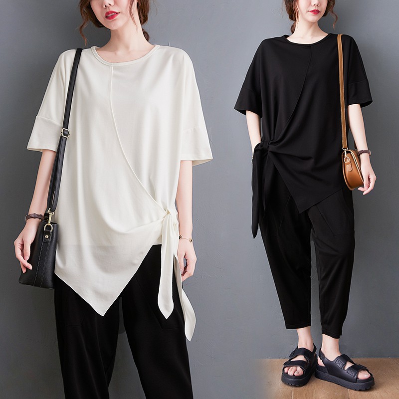 B387 Áo thun bigsize vạt chéo dây dài thắt nơ trẻ trung