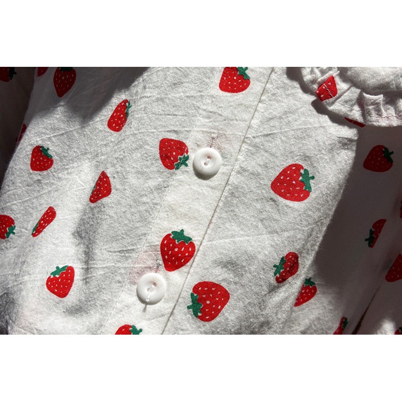 AG02 - Áo sơ mi cổ tròn bé gái, áo kiểu tiểu thư, họa tiết dâu tây  - Richkid123