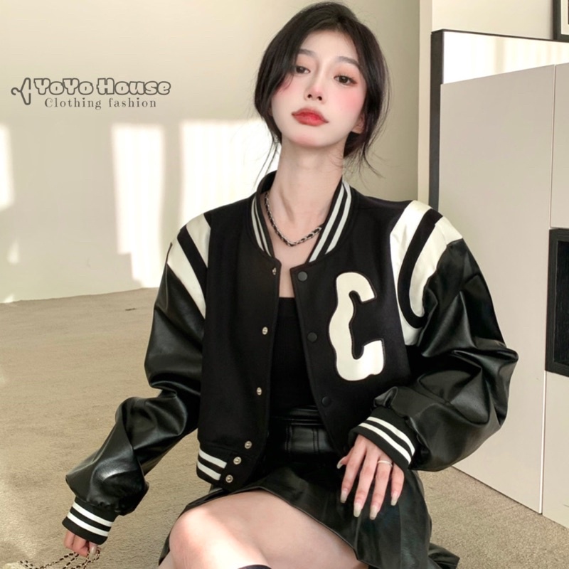 Áo khoác bóng chày bomber croptop da nữ phong cách Mỹ