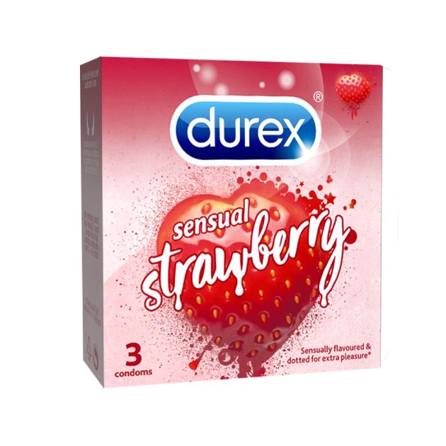 (Hàng Chính Hãng)Hộp 3 Bao Cao Su Gân Gai Durex Sensual Strawberry Hương Dâu Đặc Biệt