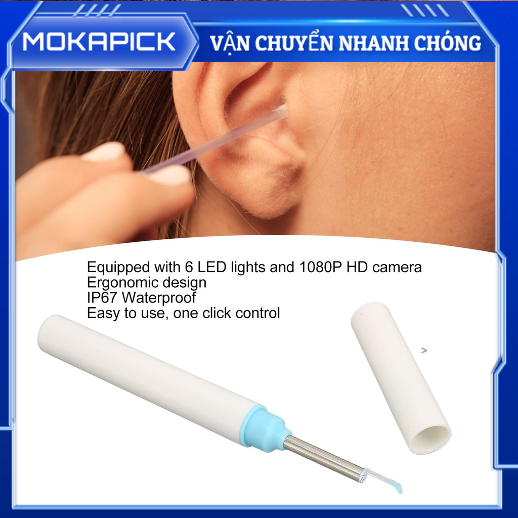 Mokapick Bộ tẩy ráy tai có thể nhìn thấy màu trắng Công thái học Chống thấm nước Hỗ trợ APP USB Camera HD 1080P loại bỏ