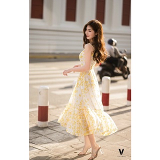 Đầm voan hoa vàng nhẹ nhàng quý phái xinh lung linh ld22