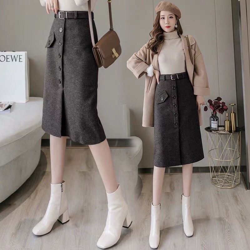 Chân váy dạ dáng dài khuy trước kèm đai, Chân váy dáng dài cạp cao hàng Quảng Châu CV1834 | BigBuy360 - bigbuy360.vn