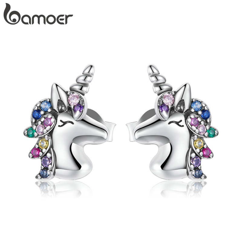 Bông Tai Bamoer BSE496 Làm Quà Tặng Dành Cho Nữ Tạo Hình Ngựa Một Sừng Bằng Bạc Thật 925 Đính Đá Zircon