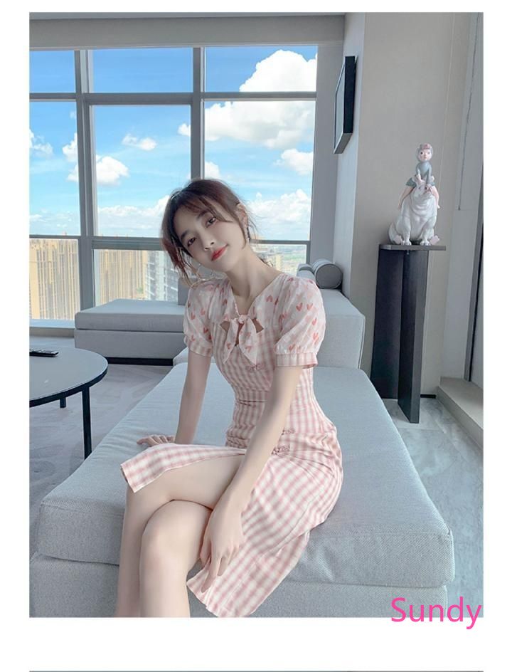 Đầm Tay Ngắn Cổ Chữ V Họa Tiết Sọc Caro Phong Cách Retro | BigBuy360 - bigbuy360.vn