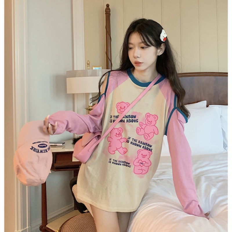 Jiashucheng Áo Thun Dáng Dài Vừa Phải Màu Tương Phản Hở Vai Phong Cách Mới Mùa Hè Cho Nữ @