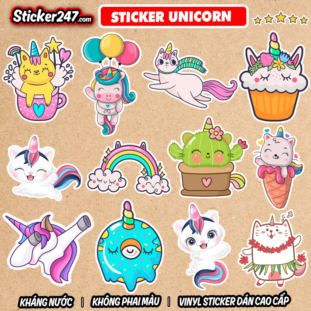 Sticker Animal Unicorn 🌈𝑭𝒓𝒆𝒆𝒔𝒉𝒊𝒑 chống nước, dán laptop, điện thoại, đàn guitar, mũ bảo hiểm, vali, ipad, kính...