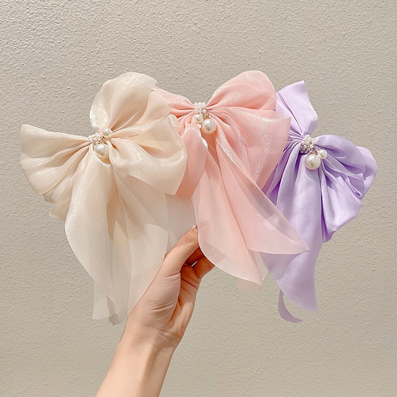 Kẹp Tóc Hình Nơ Đính Hạt Ngọc Trai Bằng Vải Chiffon Dễ Thương Dành Cho Bạn Gái