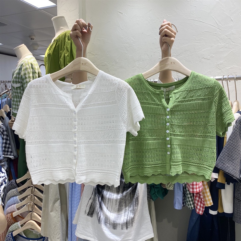 SUXI Áo dệt kim ngắn tay cổ chữ v thiết kế mới thời trang mùa hè dành cho nữ