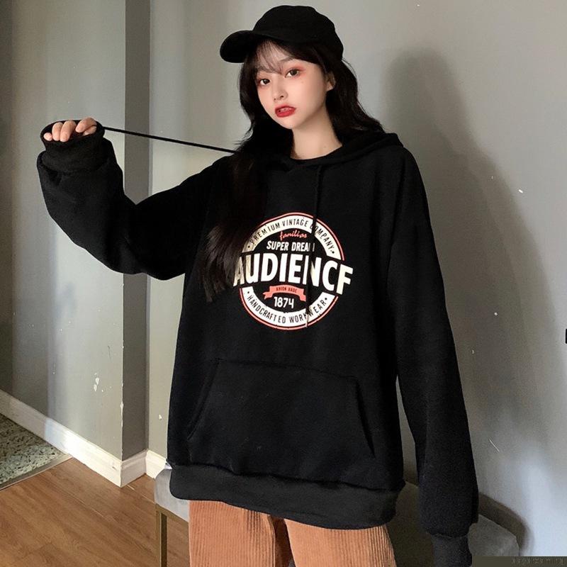 Áo hoodie tay dài dáng rộng có dây rút thời trang thu đông cho nữ